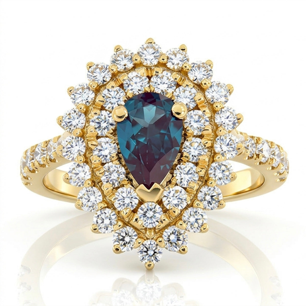 Pear Lab-Grown Alexandrite Ring with Natural Diamond Double Halo and Accents
