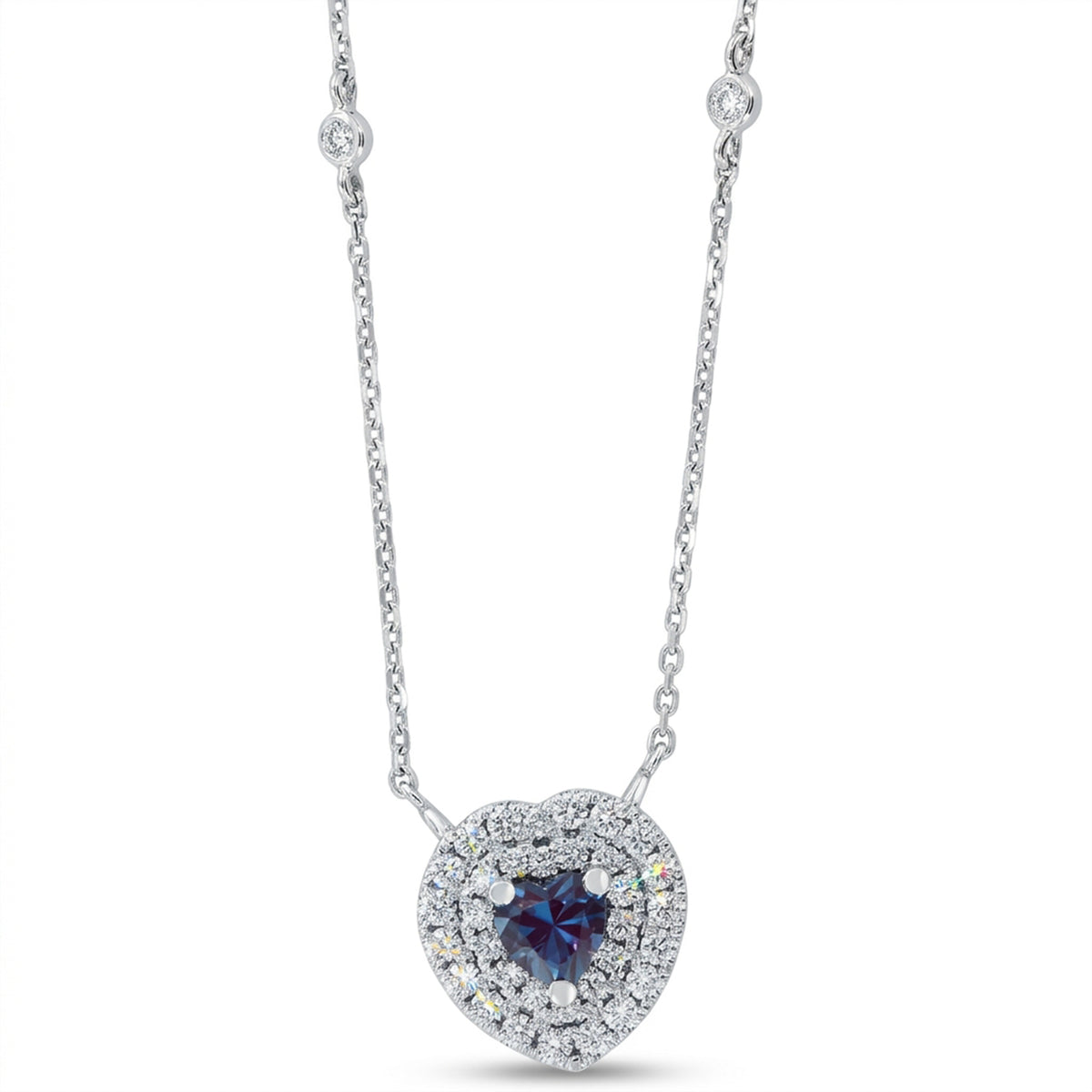 Heart-Shaped Lab-Grown Alexandrite Necklace with Natural Diamond Double Halo and Diamonds-By-Yard Chain