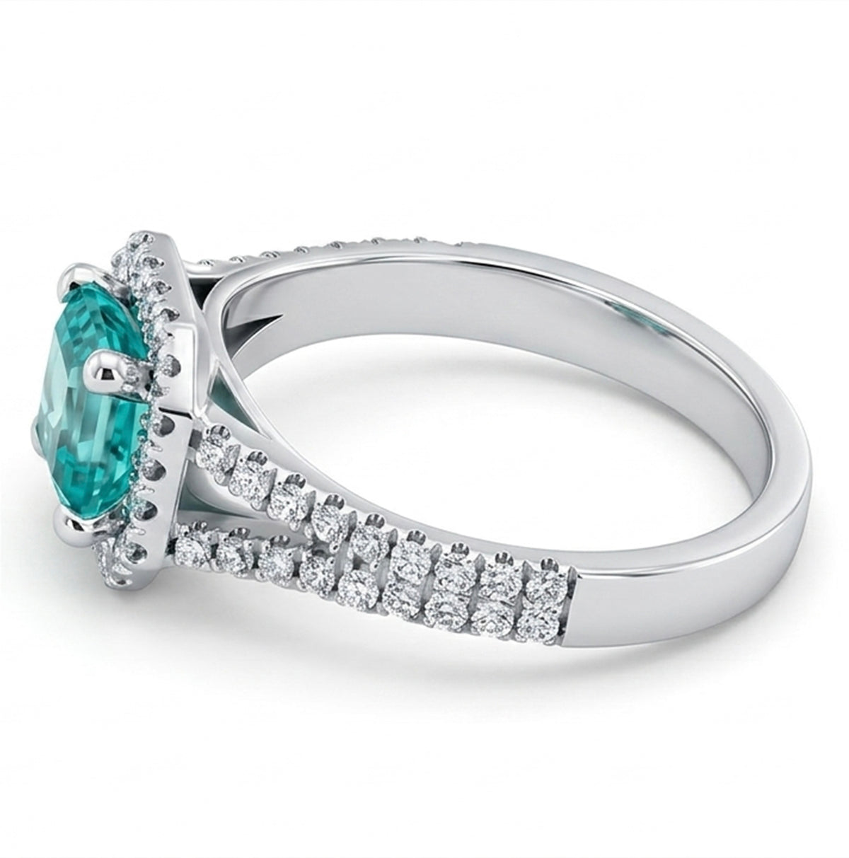 Asscher Lab-Grown Paraiba Double Split Shank Ring with Natural Diamond Halo and Accents