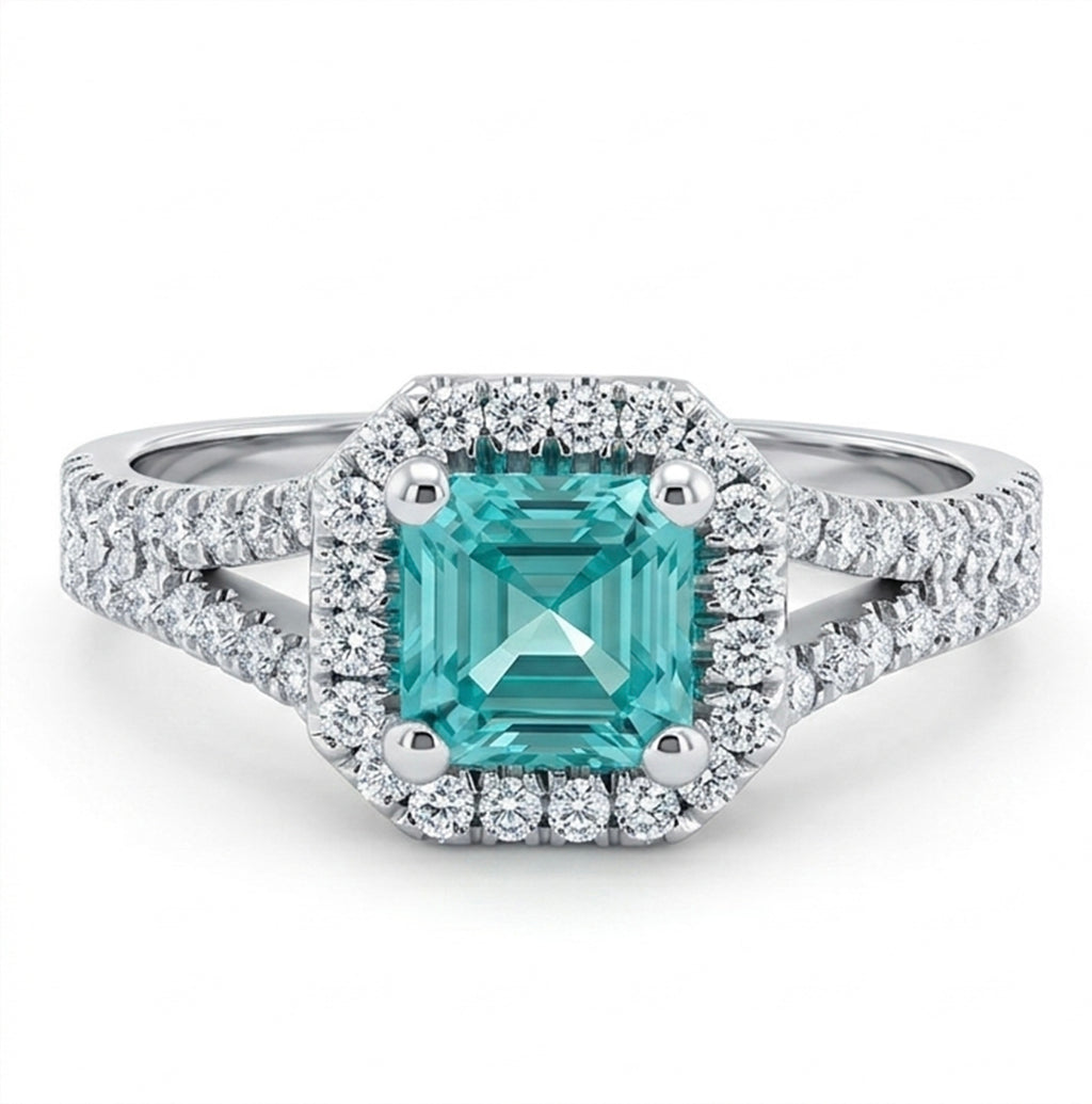 Asscher Lab-Grown Paraiba Double Split Shank Ring with Natural Diamond Halo and Accents