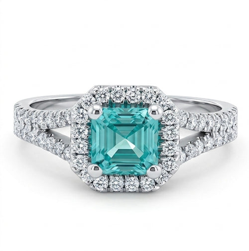Asscher Lab-Grown Paraiba Double Split Shank Ring with Natural Diamond Halo and Accents