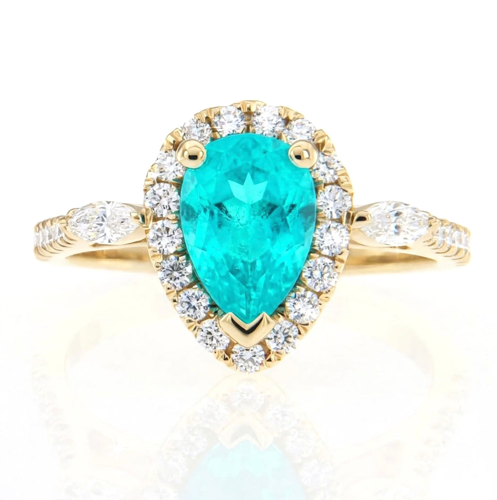 Pear Lab-Grown Paraiba Ring with Natural Diamond Marquise, Halo and Accents