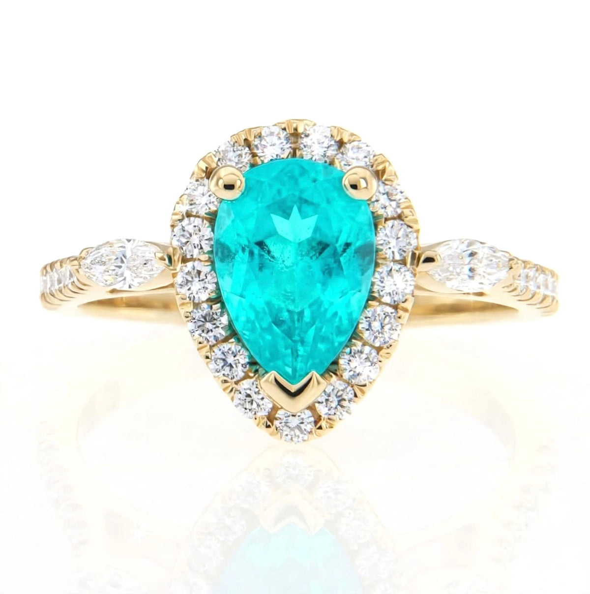 Pear Lab-Grown Paraiba Ring with Natural Diamond Marquise, Halo and Accents