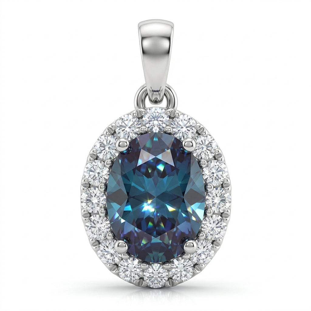 Oval Lab-Grown Alexandrite Pendant with Natural Diamond Halo and Plain Bale