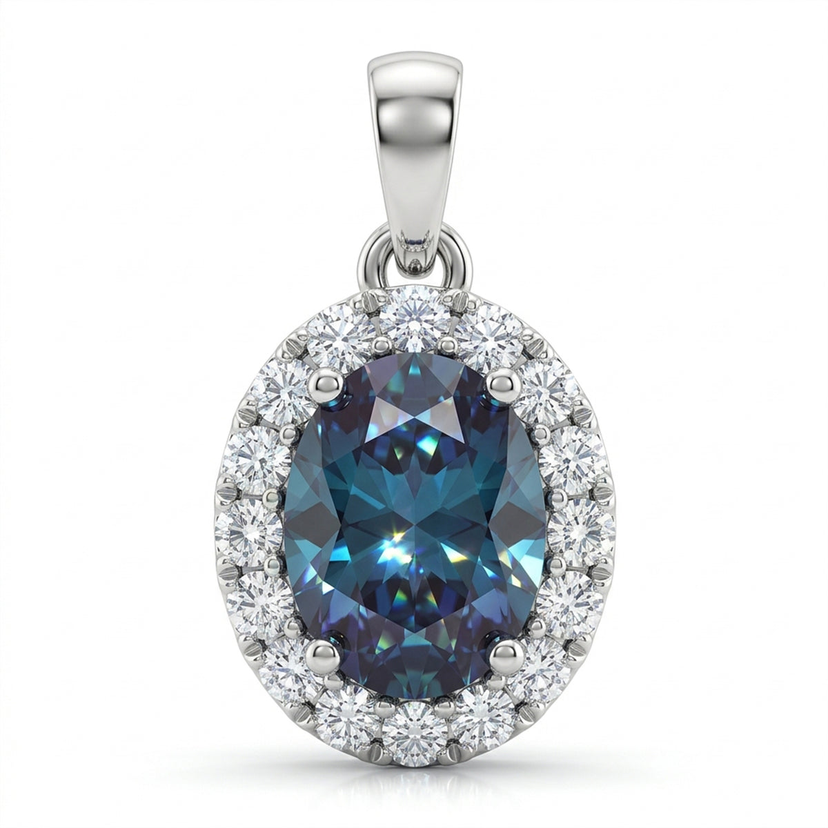 Oval Lab-Grown Alexandrite Pendant with Natural Diamond Halo and Plain Bale