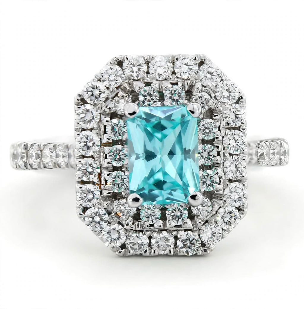Radiant Lab-Grown Paraiba Ring with Natural Diamond Double Halo and Accents