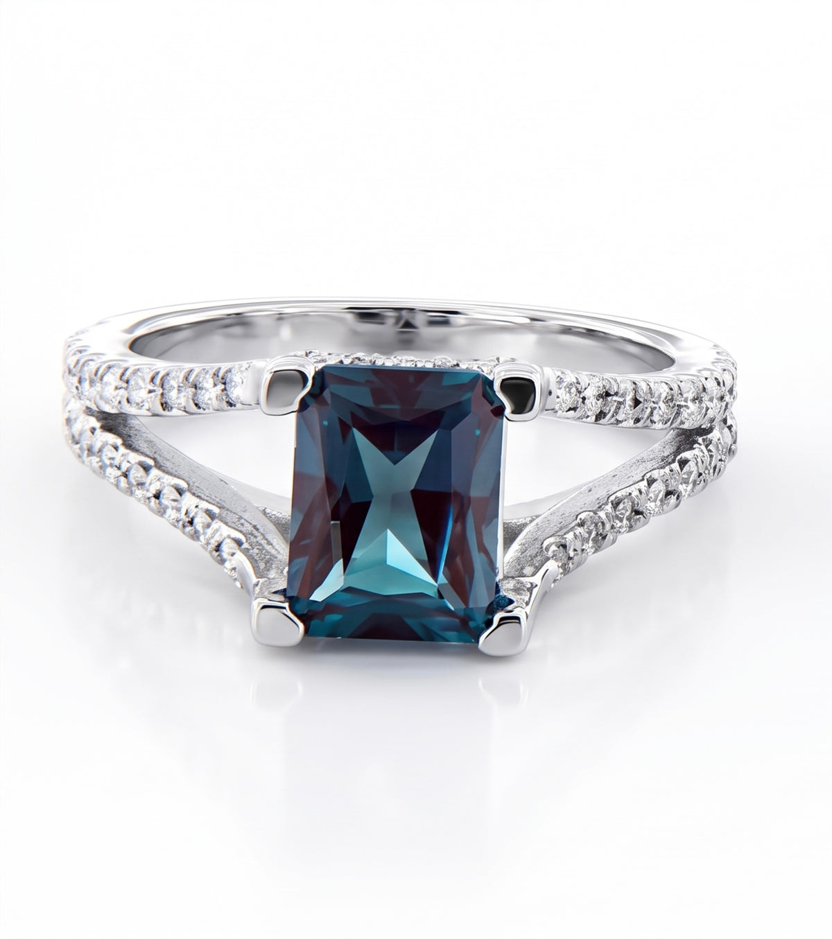 Radiant Lab-Grown Alexandrite Split Shank Ring with Natural Diamonds