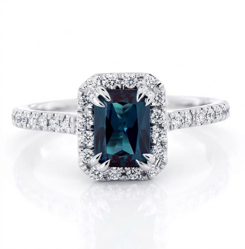 Radiant Lab-Grown Alexandrite Ring with Natural Diamond Halo and Accents Double Claw Prongs