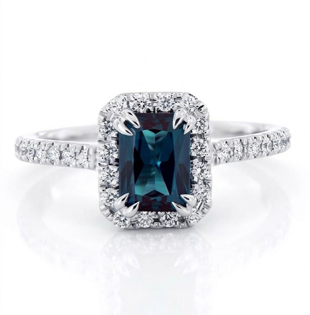 Radiant Lab-Grown Alexandrite Ring with Natural Diamond Halo and Accents Double Claw Prongs