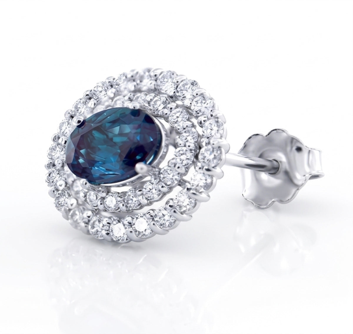 Oval Lab-Grown Alexandrite Earrings with Natural Diamond Spaced Double Halo