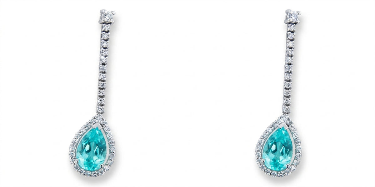 Pear Lab-Grown Paraiba Dangle Earrings with Natural Diamond Halo