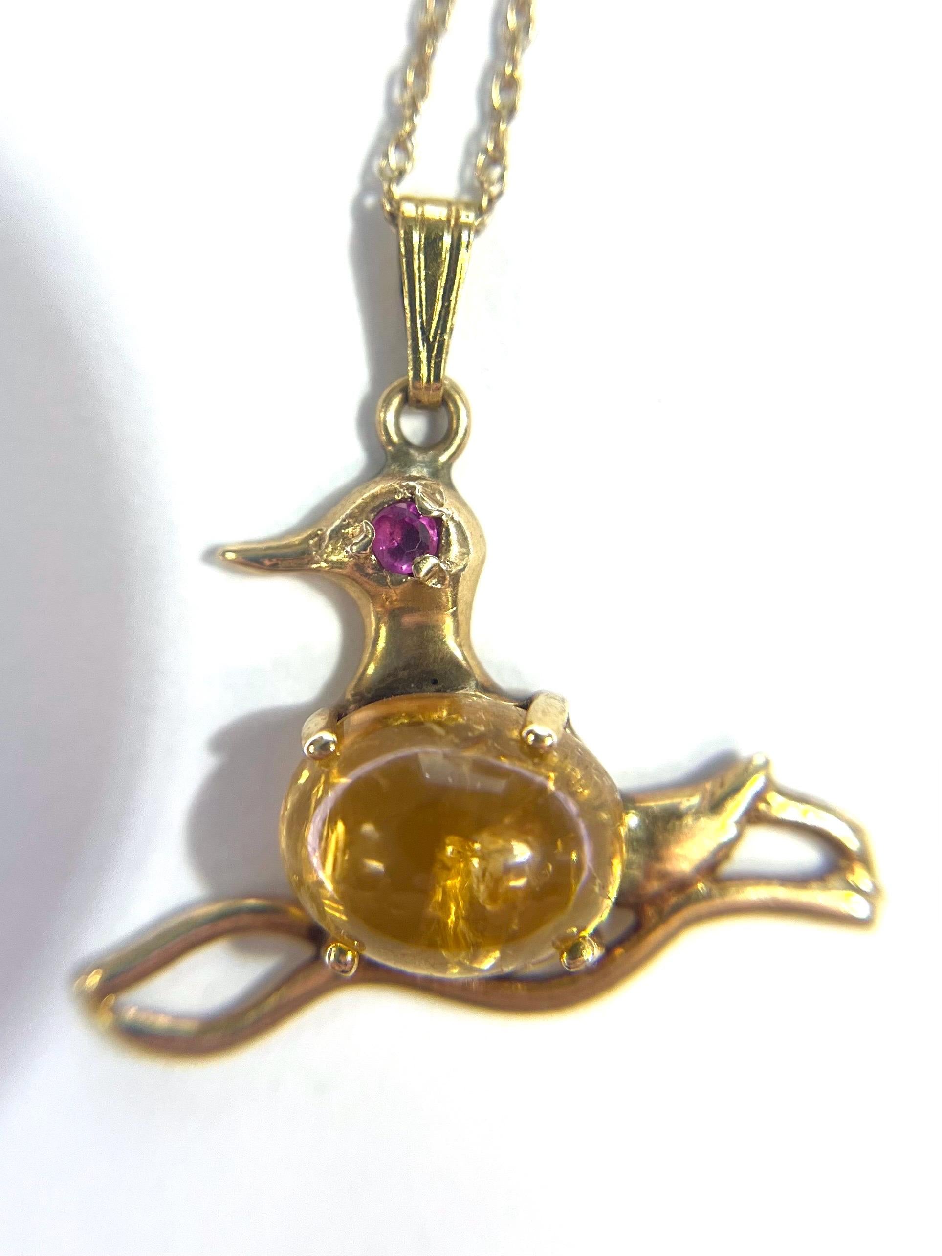 14k Yellow Gold Citrine and Ruby Eye Duck Charm w/ 18” Cable Chain Necklace 3.2 grams