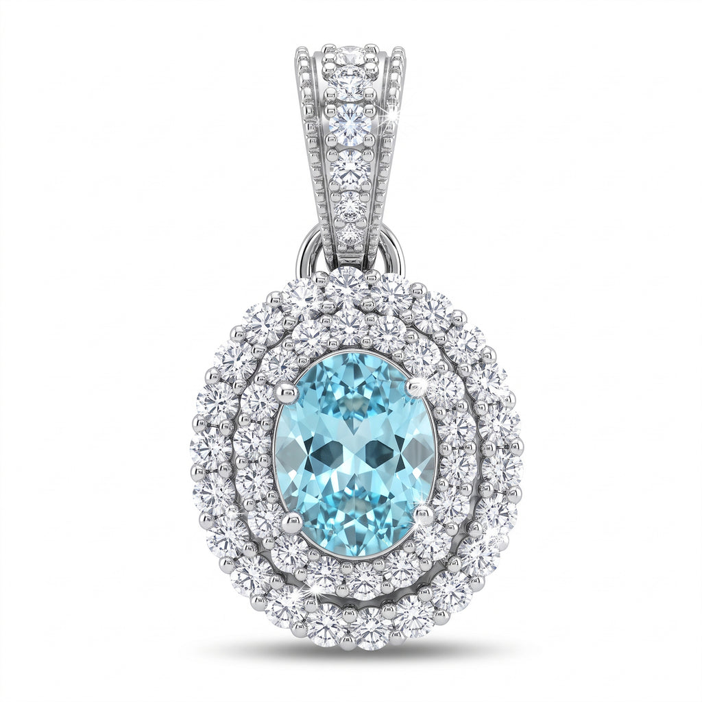 Oval Lab-Grown Paraiba Pendant with Natural Diamond Double Halo and Milgrain Bale