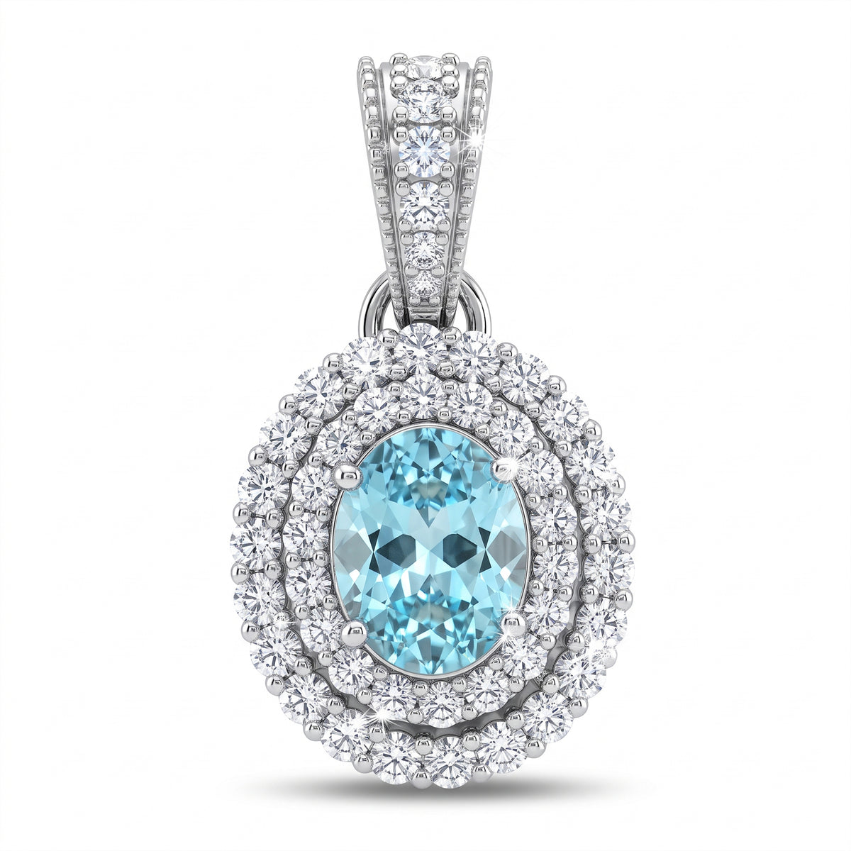 Oval Lab-Grown Paraiba Pendant with Natural Diamond Double Halo and Milgrain Bale