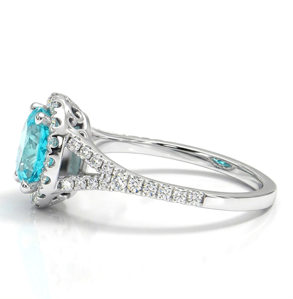 Large Oval Lab-Grown Paraiba Split Shank Ring with Natural Diamond Halo and Accents