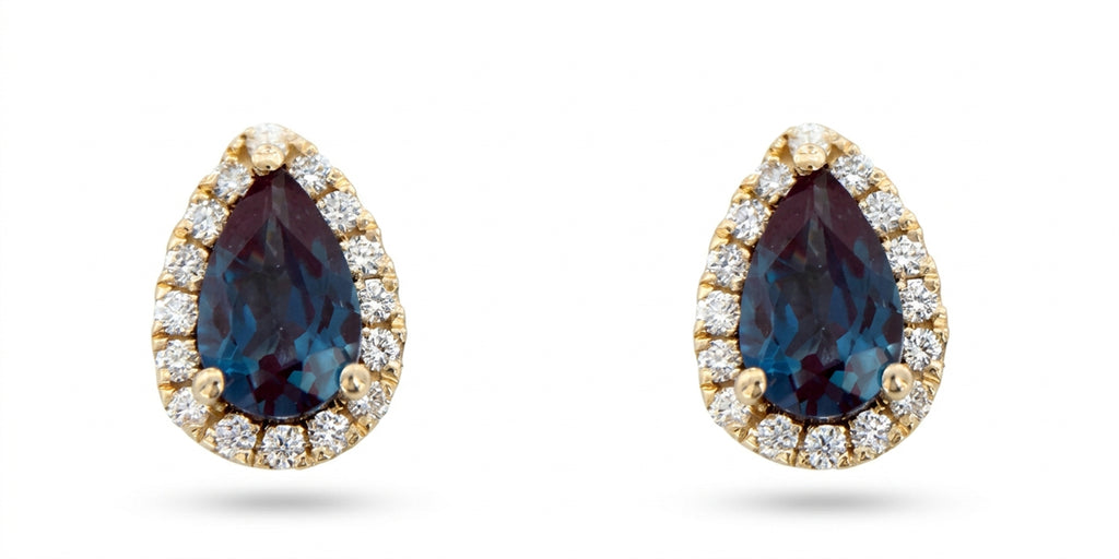 Pear Lab-Grown Alexandrite Earrings with Natural Diamond Halo Studs