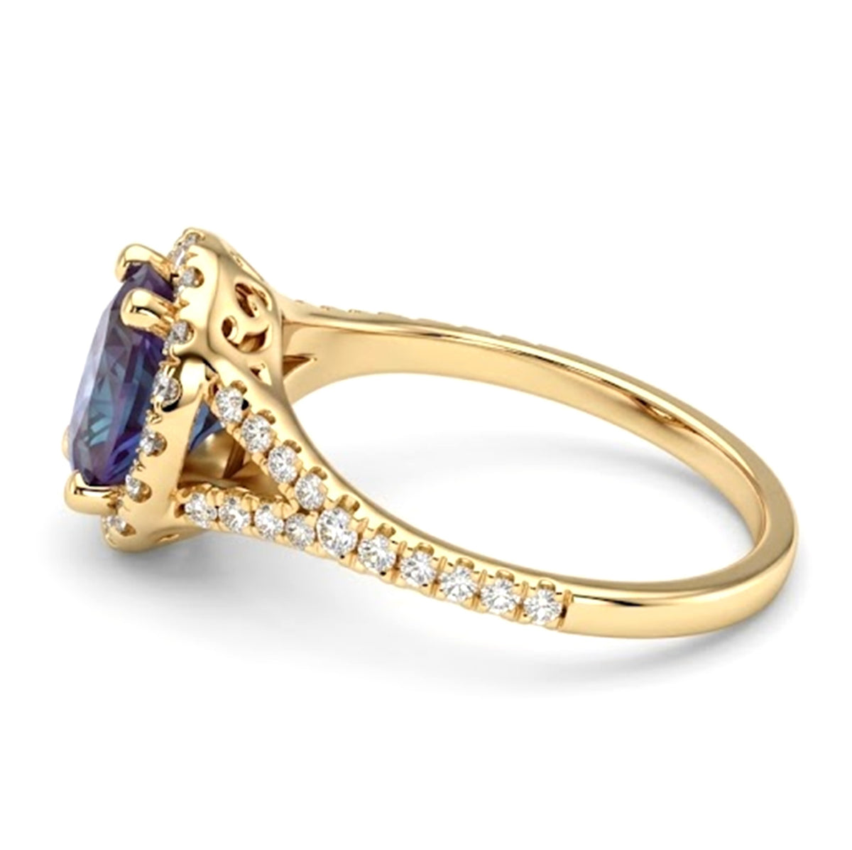 Oval Lab-Grown Alexandrite Ring with Natural Diamond Halo and Accents Split Shank