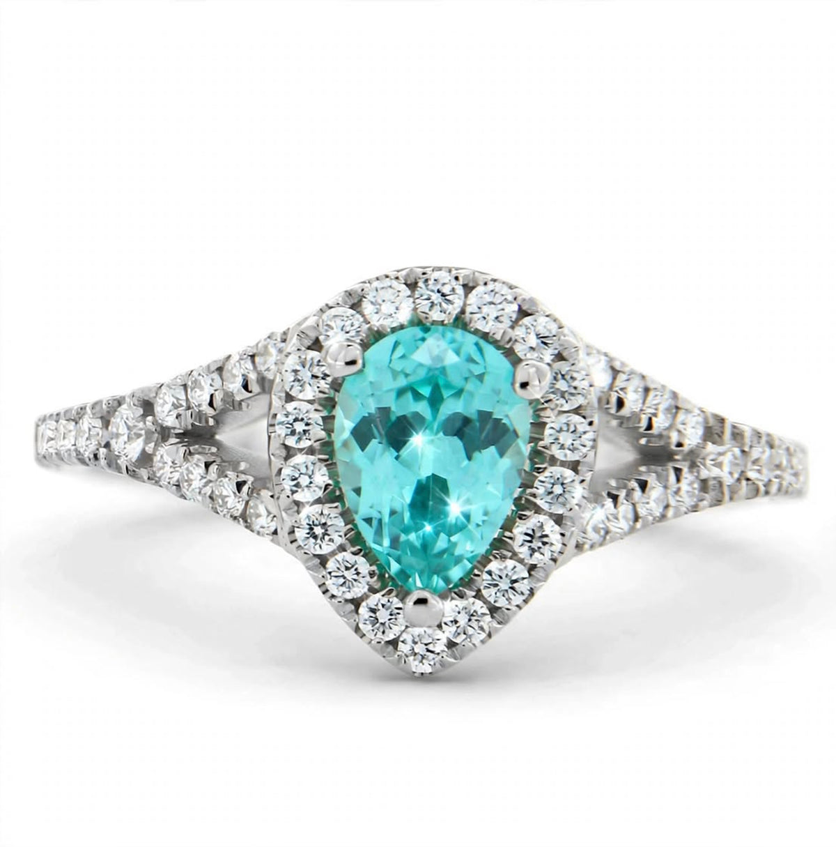 Pear Lab-Grown Paraiba Split Shank Ring with Natural Diamond Halo and Accents