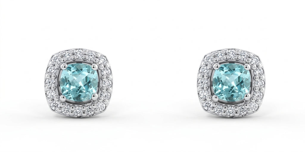 Square Cushion Lab-Grown Paraiba Earrings with Natural Diamond Halo Studs