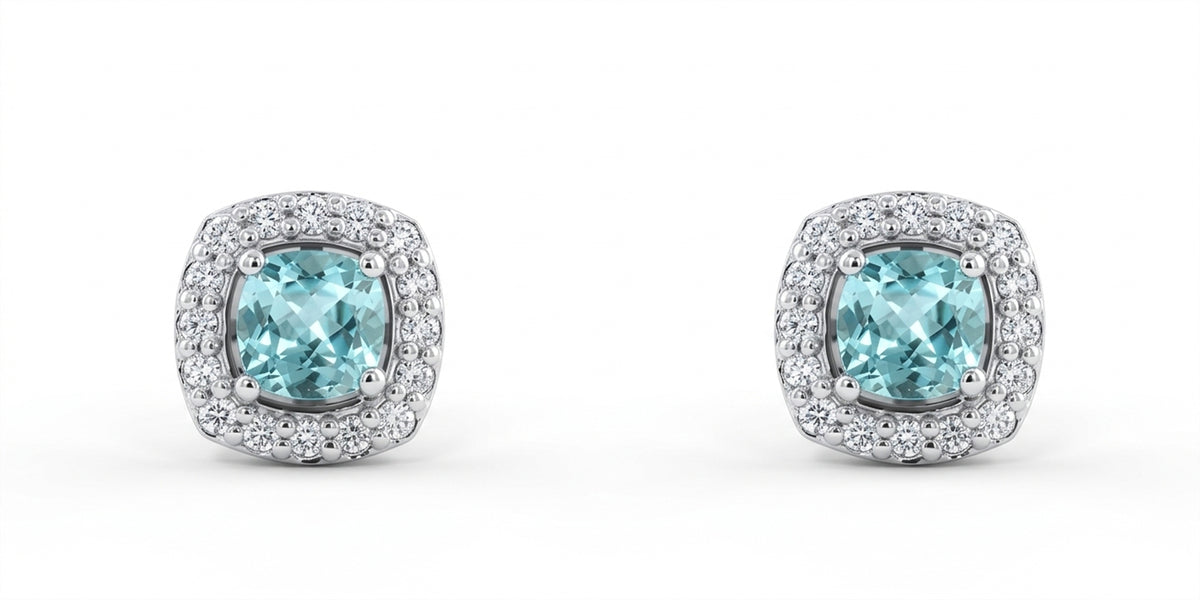 Square Cushion Lab-Grown Paraiba Earrings with Natural Diamond Halo Studs