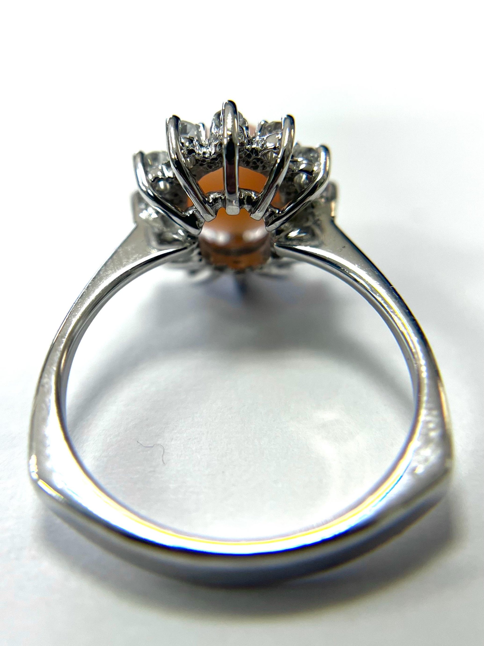 Estate 14k White Gold Cabochon Coral & Diamond Ring Size 6.5 Euro Shank Band