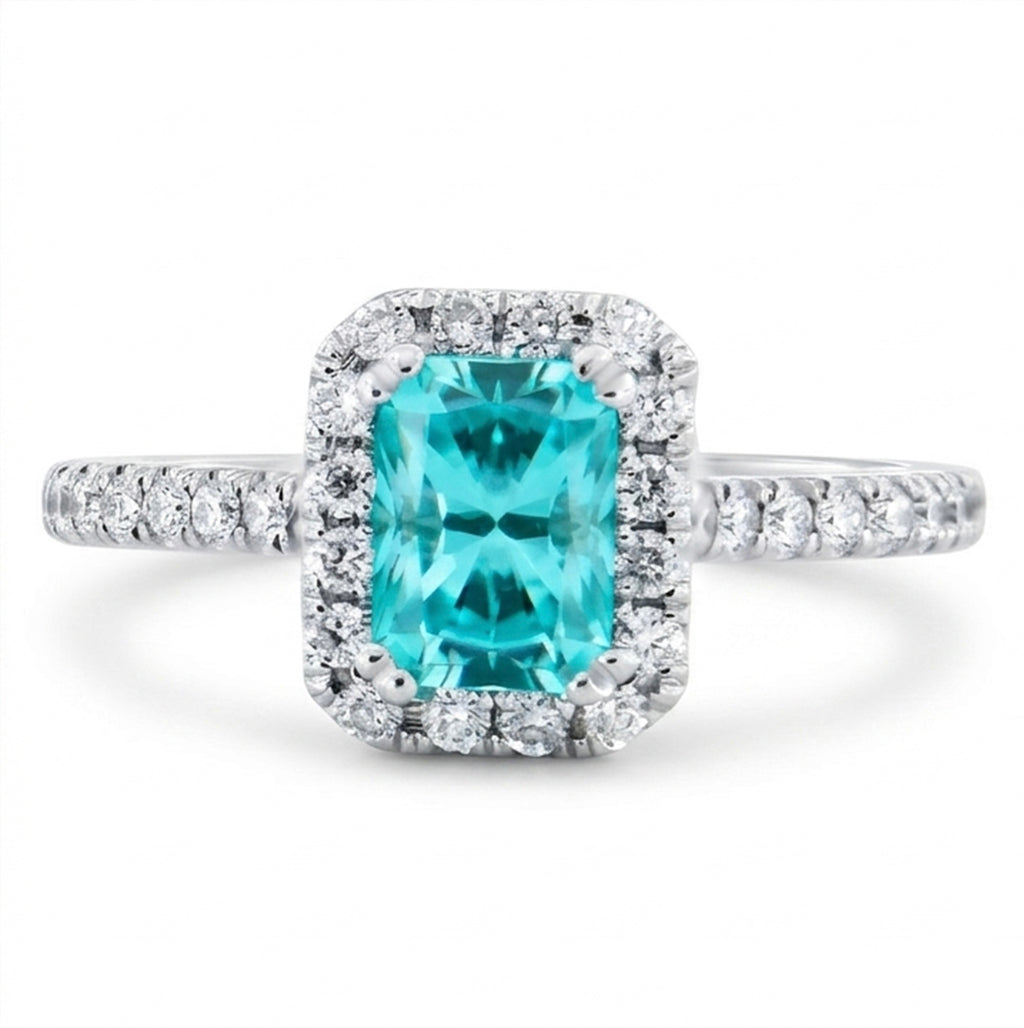 Small Radiant Lab-Grown Paraiba Ring with Natural Diamond Halo and Accents