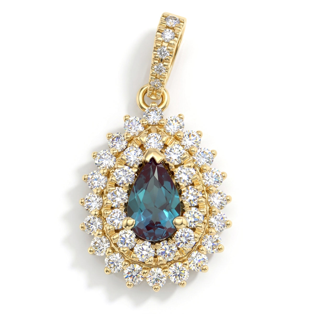 Pear Lab-Grown Alexandrite Pendant with Natural Diamond Double Halo and Diamond Bale