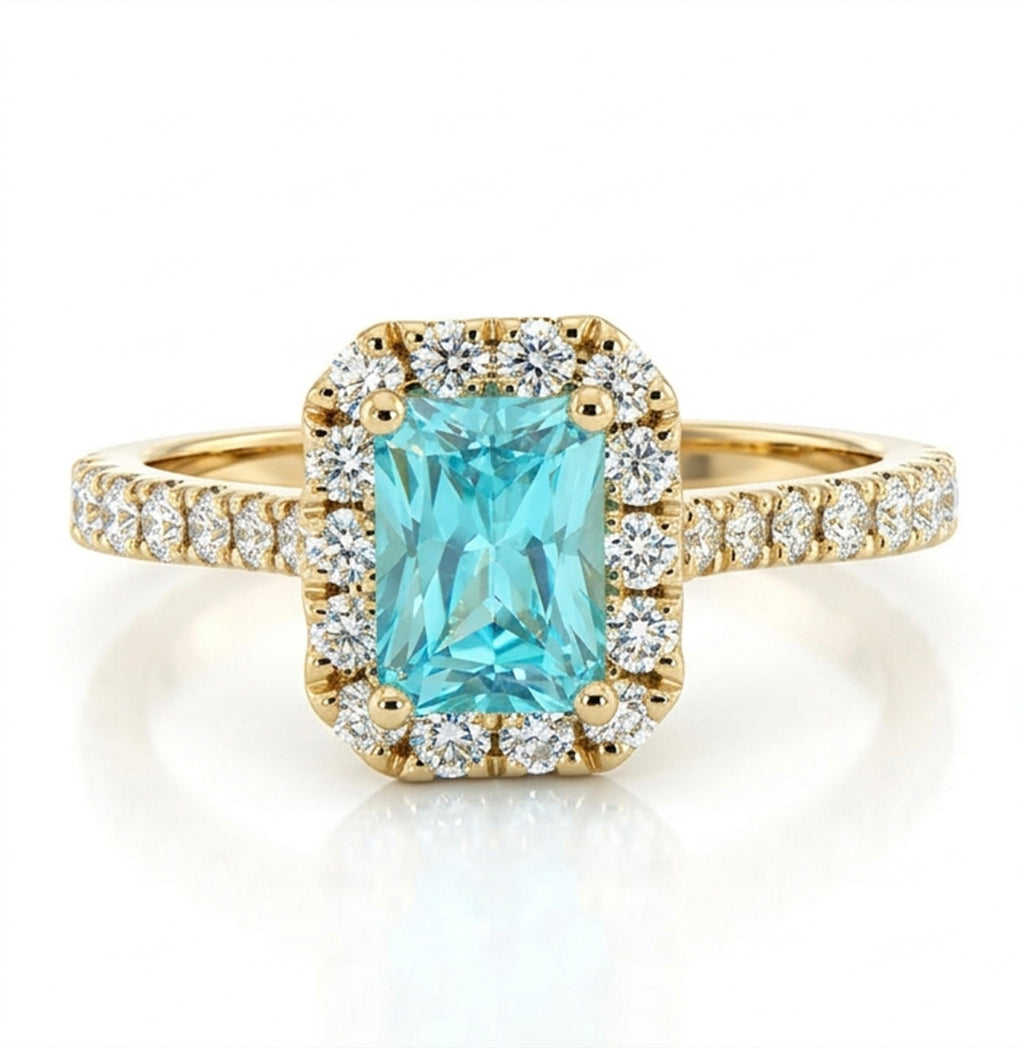 Large Radiant Lab-Grown Paraiba Ring with Natural Diamond Halo and Accents