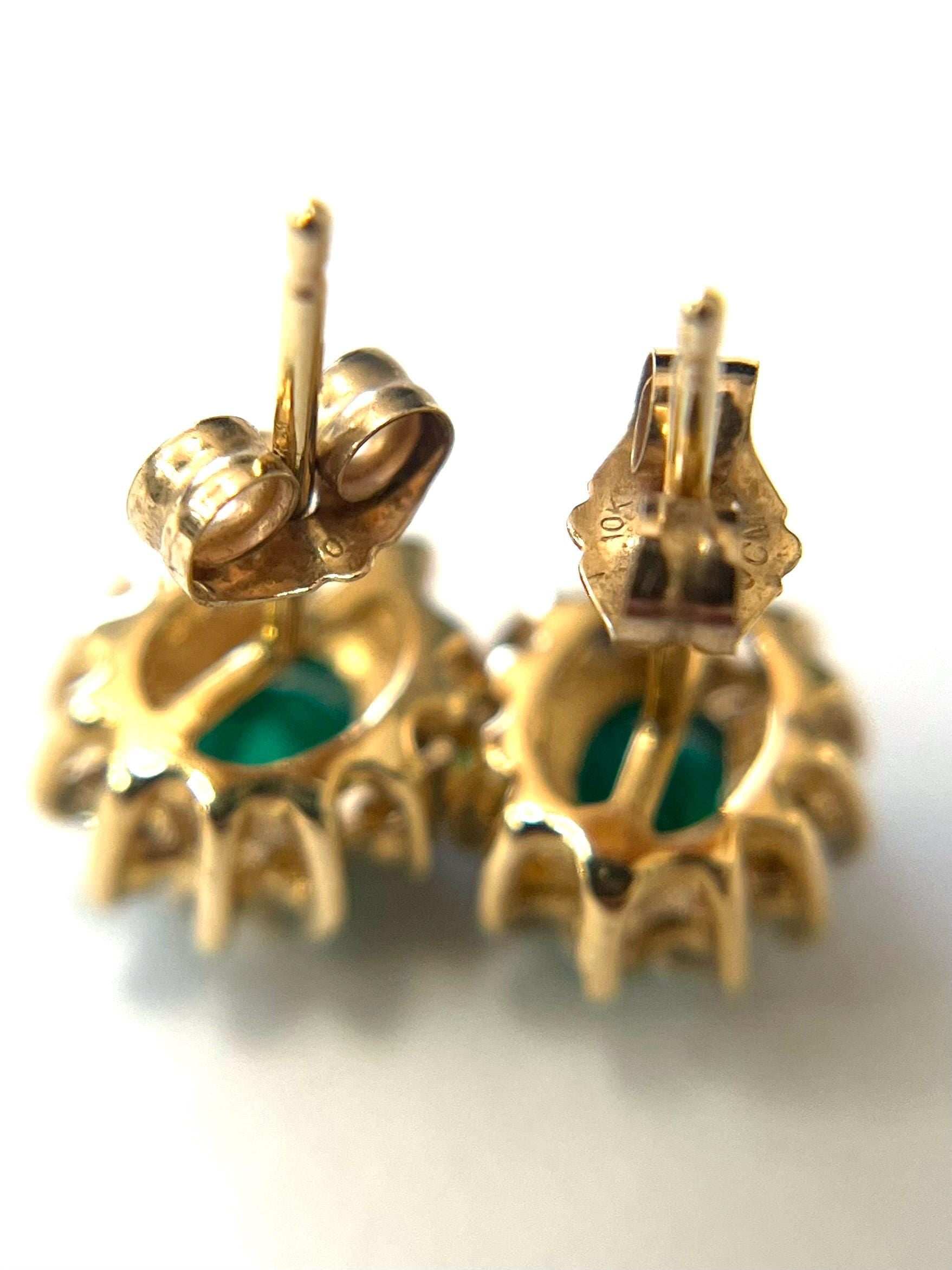 10k Yellow Gold Pushback Emerald Earrings with Diamonds