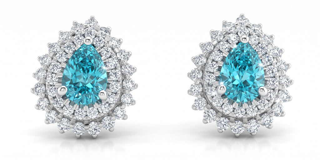 Pear Lab-Grown Paraiba Earrings with Natural Diamond Double Halo Studs