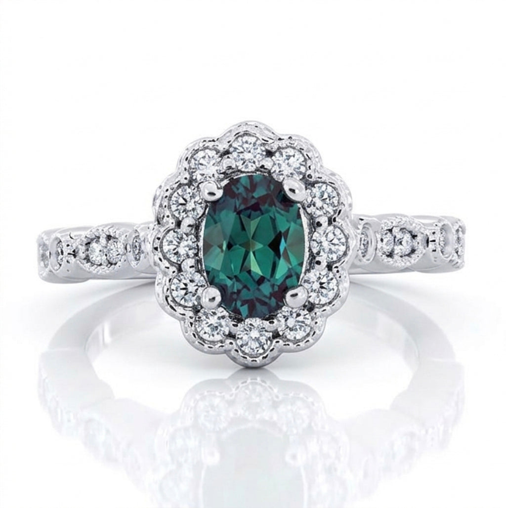Oval Lab-Grown Alexandrite Flower Filigree Ring with Natural Diamond Halo and Milgrain Accents