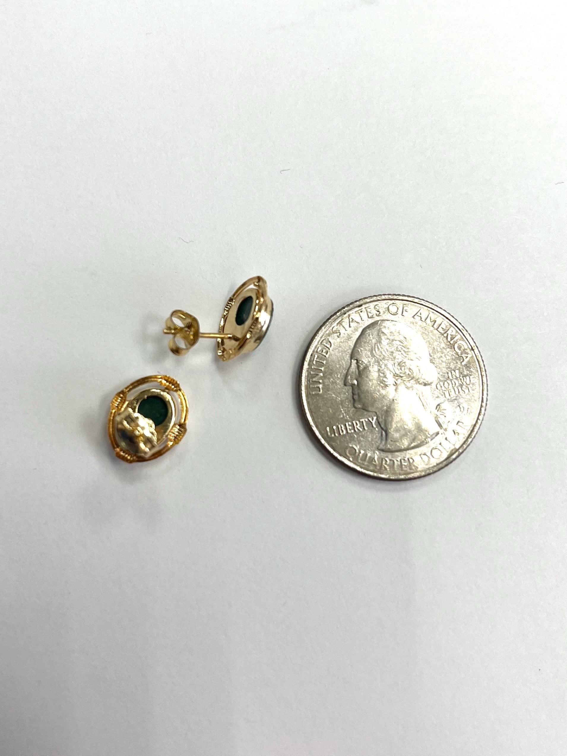 Jade Studs Earrings with Push Backs - 14k Yellow Gold Oval Shape VINTAGE