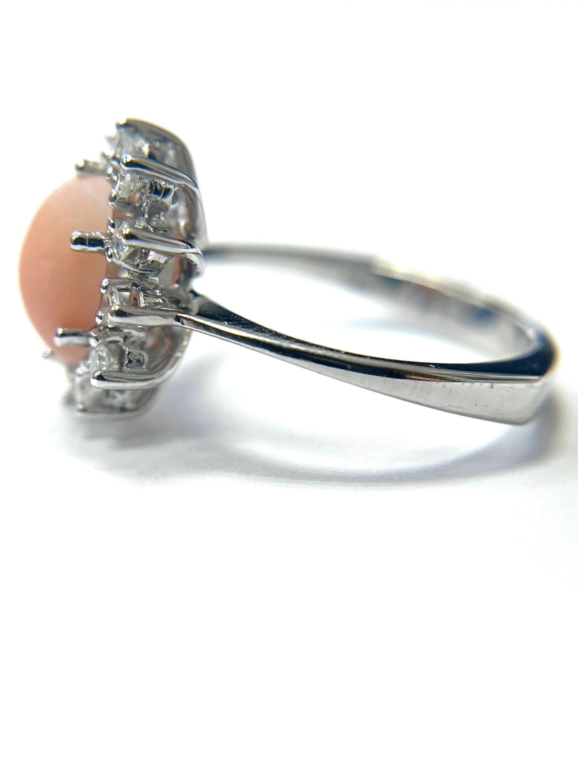 Estate 14k White Gold Cabochon Coral & Diamond Ring Size 6.5 Euro Shank Band