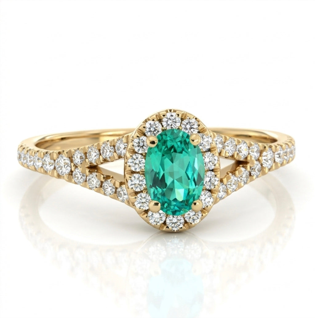 Small Oval Lab-Grown Paraiba Split Shank Ring with Natural Diamond Halo and Accents