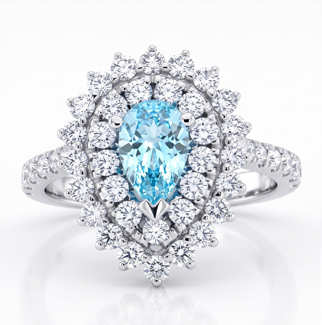 Pear Lab-Grown Paraiba Ring with Natural Diamond Double Halo and Accents