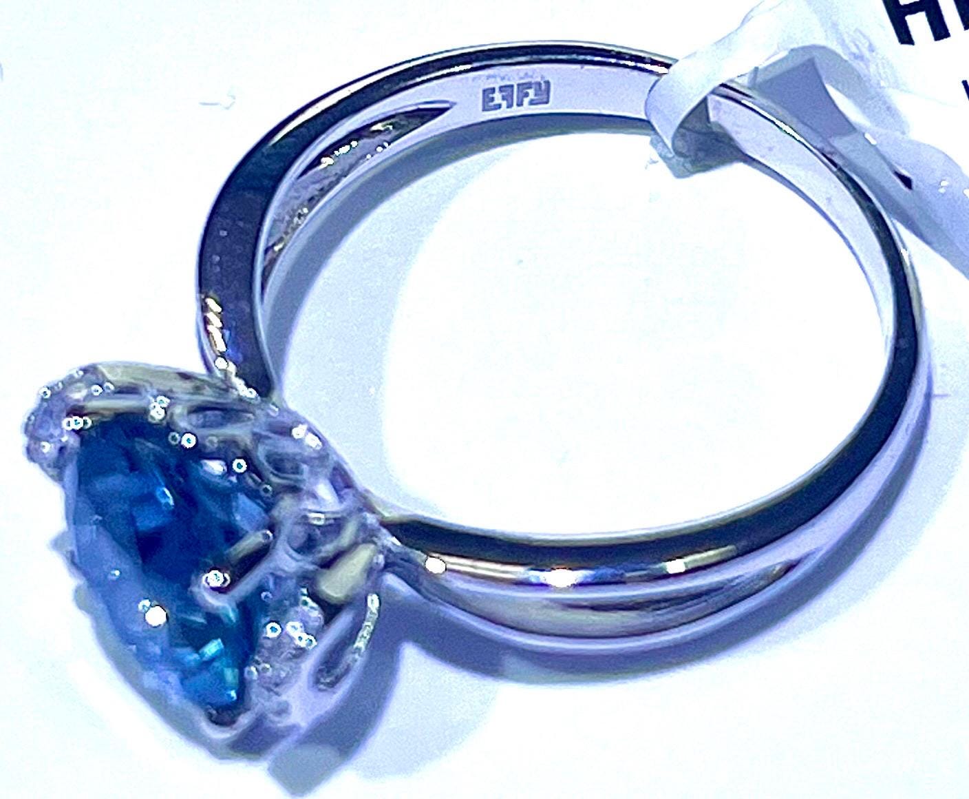 EFFY 14k White Gold Diamond and Blue Topaz Ring Size 7