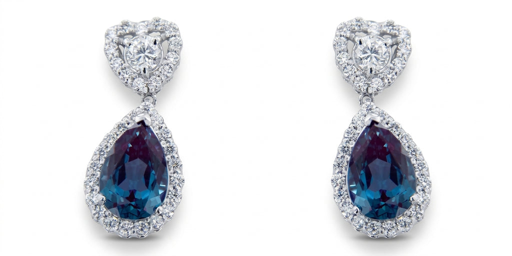 Pear Lab-Grown Alexandrite Earrings with Natural Diamond Heart-Shaped Halo