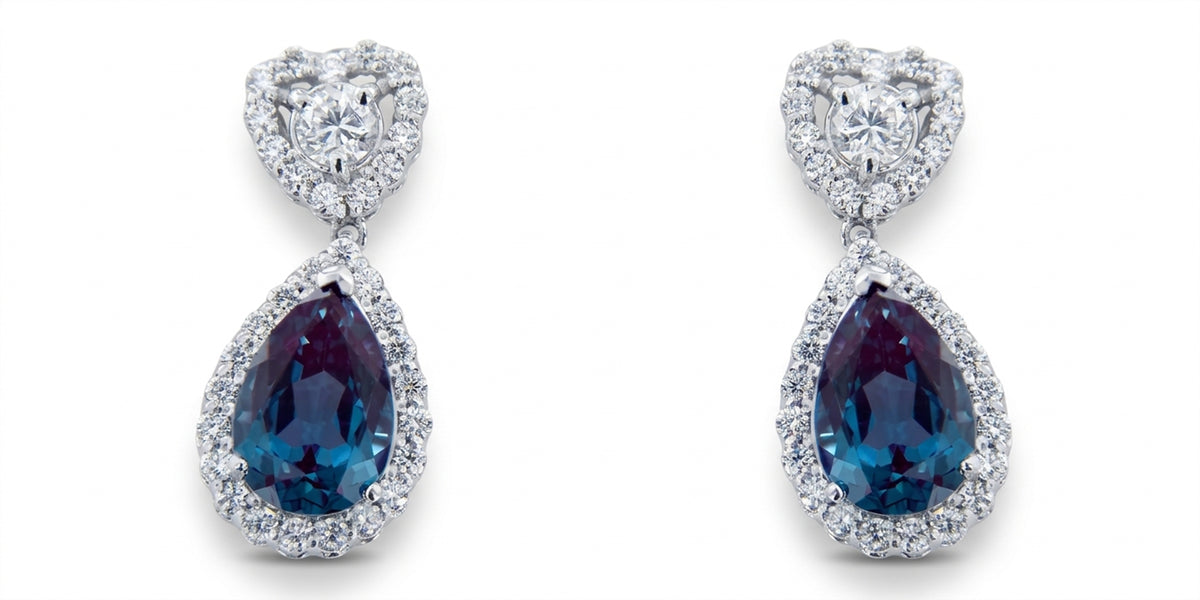 Pear Lab-Grown Alexandrite Earrings with Natural Diamond Heart-Shaped Halo