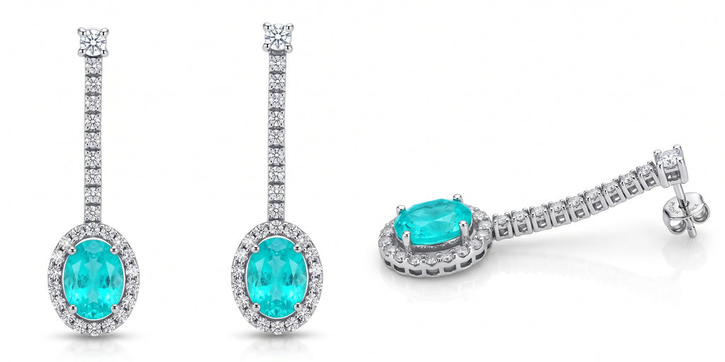 Oval Lab-Grown Paraiba Dangle Earrings with Natural Diamond Halo