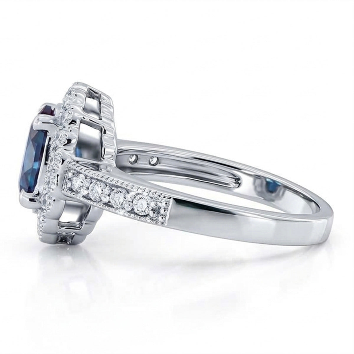 Oval Lab-Grown Alexandrite Milgrain Ring with Natural Diamond Halo and Milgrain Accents