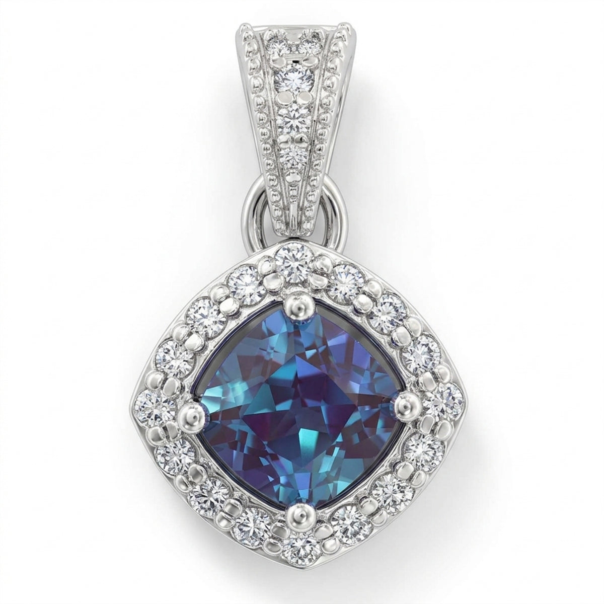 Square Cushion Lab-Grown Alexandrite Pendant with Natural Diamond Halo and Diamond Milgrain Detailed Bale