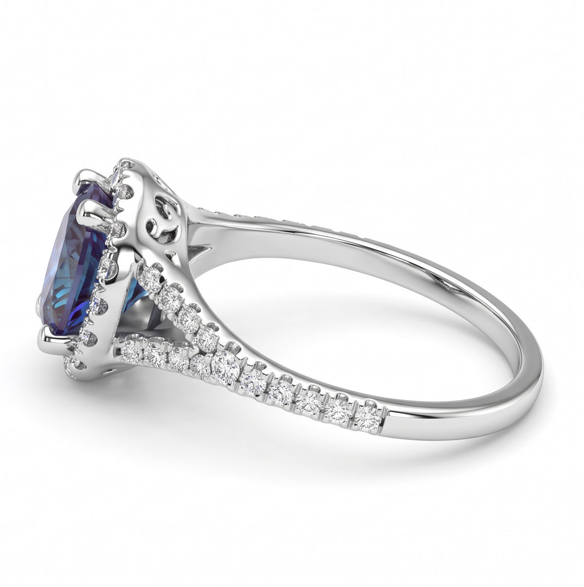 Oval Lab-Grown Alexandrite Ring with Natural Diamond Halo and Accents Split Shank