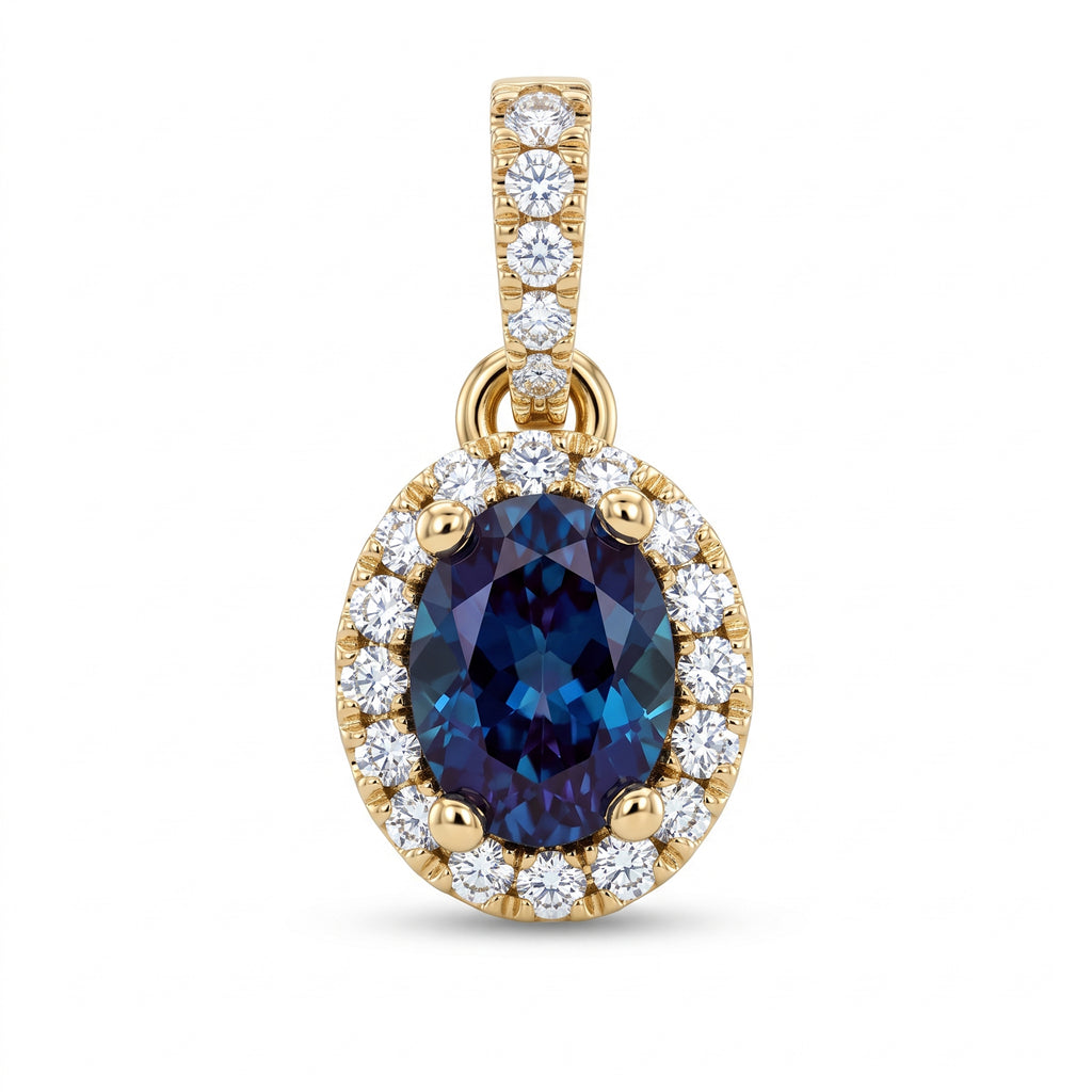Oval Lab-Grown Alexandrite Pendant with Natural Diamond Halo and Diamond Bale