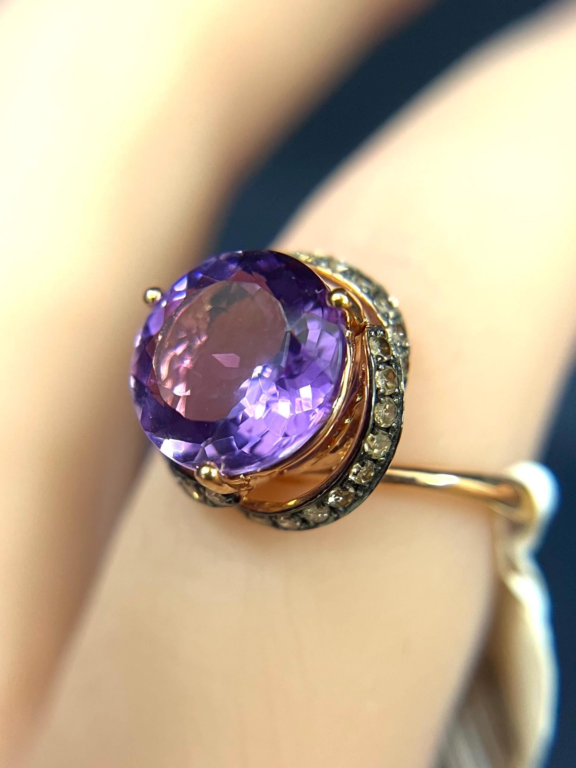 EFFY 14k Rose Gold Brown Diamond and Amethyst Ring Size 7