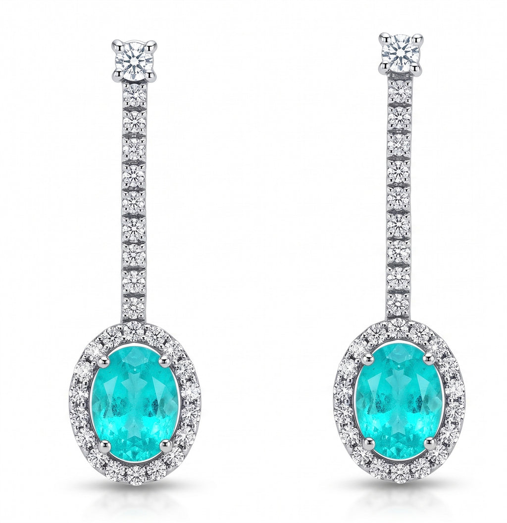 Oval Lab-Grown Paraiba Dangle Earrings with Natural Diamond Halo