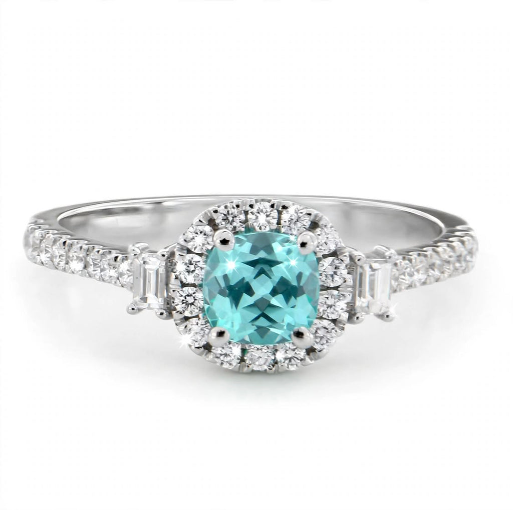 Square Cushion Lab-Grown Paraiba Ring with Natural Diamond Baguettes, Halo and Accents