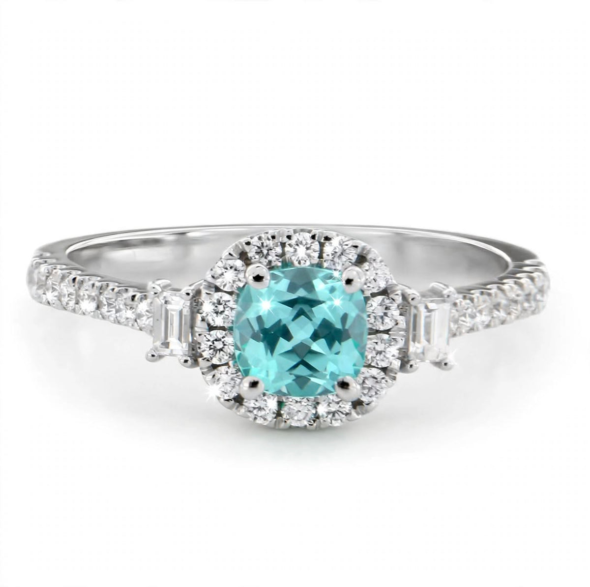 Square Cushion Lab-Grown Paraiba Ring with Natural Diamond Baguettes, Halo and Accents