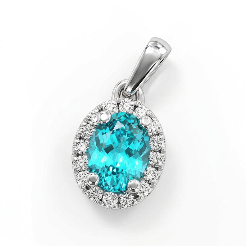 Oval Lab-Grown Paraiba Pendant with Natural Diamond Halo and Plain Bale