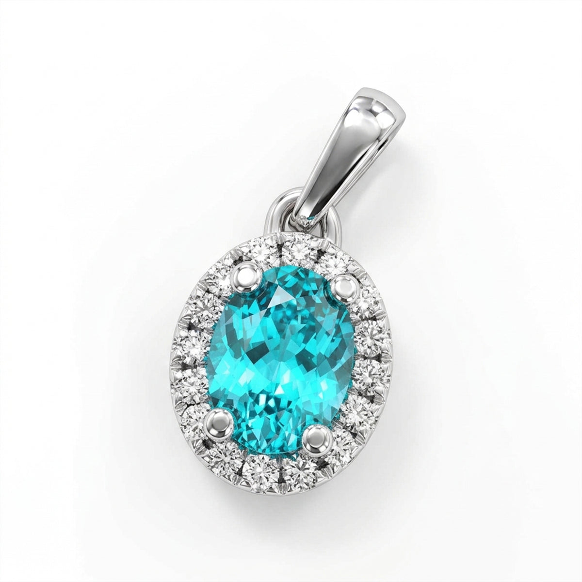 Oval Lab-Grown Paraiba Pendant with Natural Diamond Halo and Plain Bale
