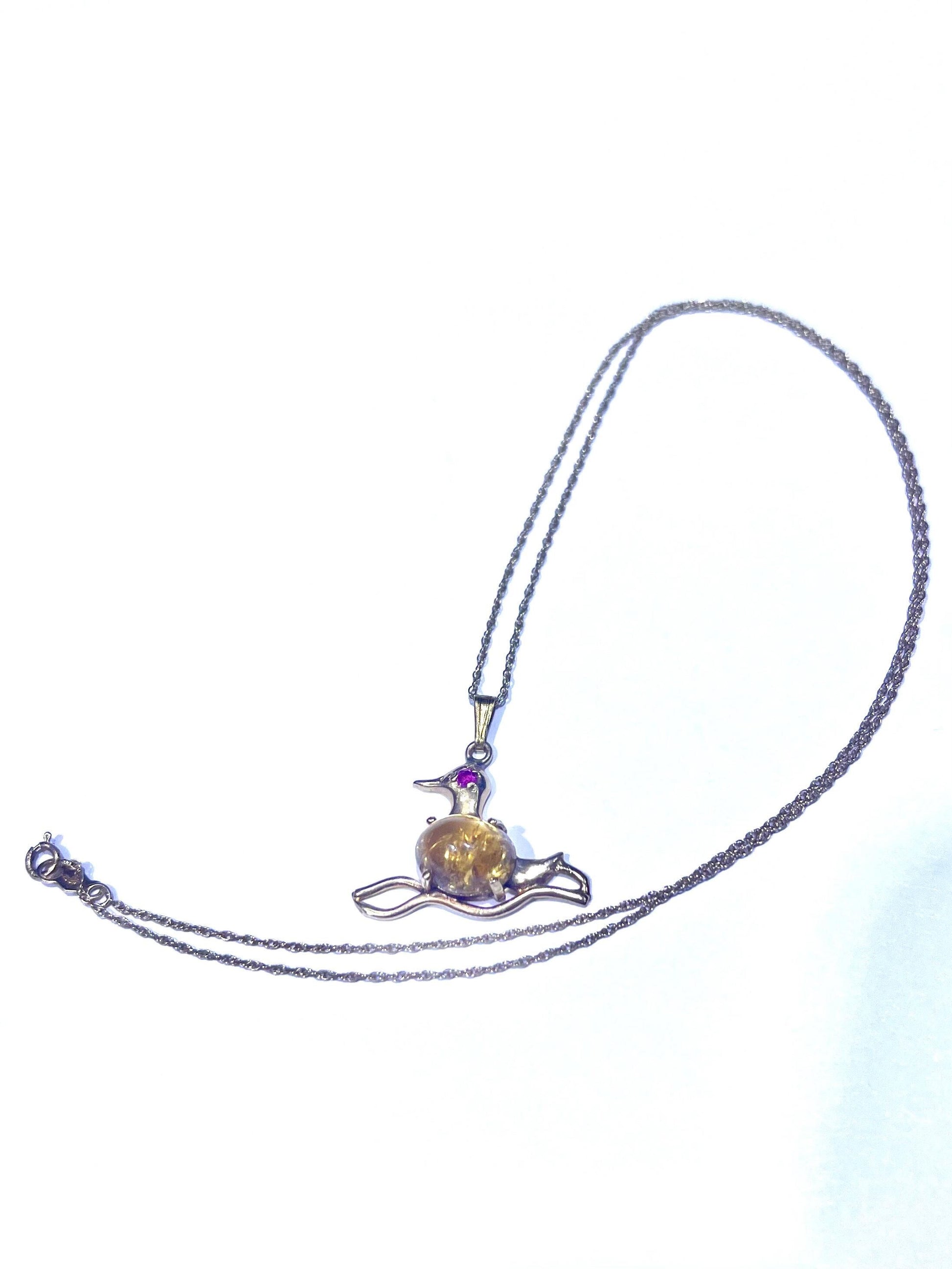 14k Yellow Gold Citrine and Ruby Eye Duck Charm w/ 18” Cable Chain Necklace 3.2 grams